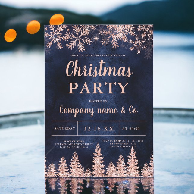 Rose Goldschnee Pine Marine Weihnachten Weihnachte Einladung (Rose gold snow pine navy corporate Christmas Invitation)