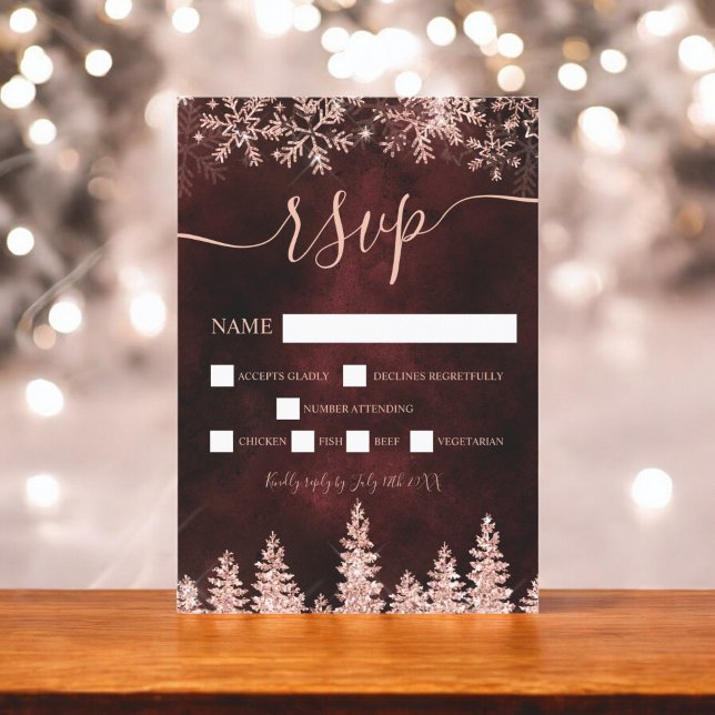 Rose Goldschnee Pinien Roter Weihnachtsfest uAwg RSVP Karte (Rose gold snow pine red Christmas winter rsvp)