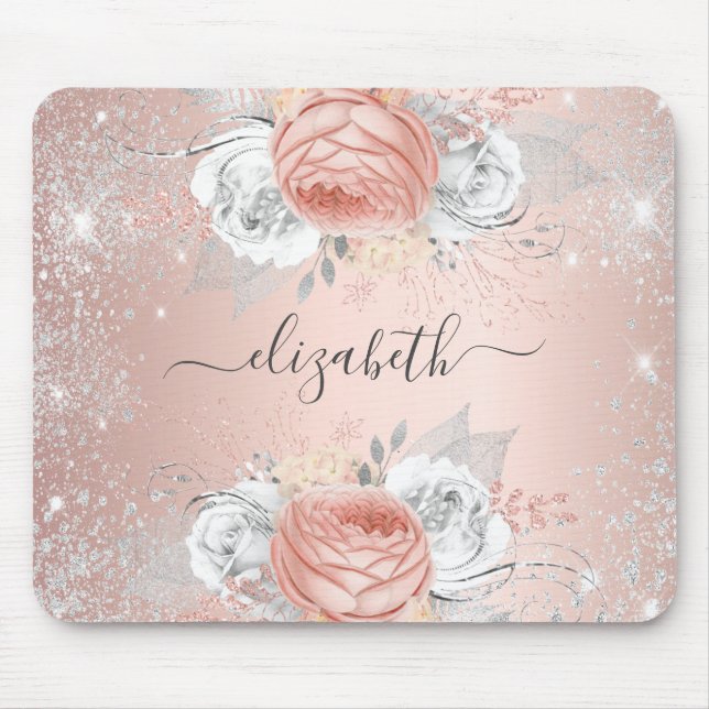 Rose Goldsilber-Glitzer Monogramm Mousepad (Vorne)