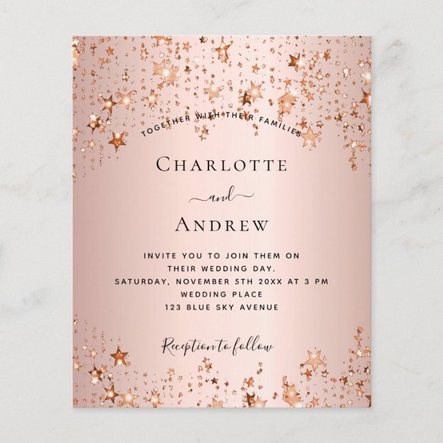 Rose Goldsterne Budget Einladung zur Hochzeit Flyer (Vorne)