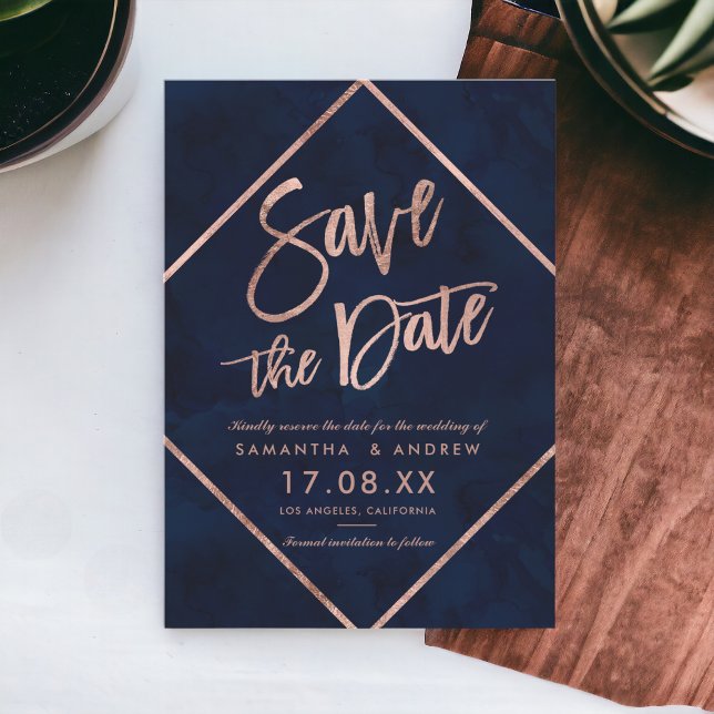 Rose Goldstreifen marineblaue Hochzeit speichern d Save The Date (Rose gold stripes navy blue wedding save the date)