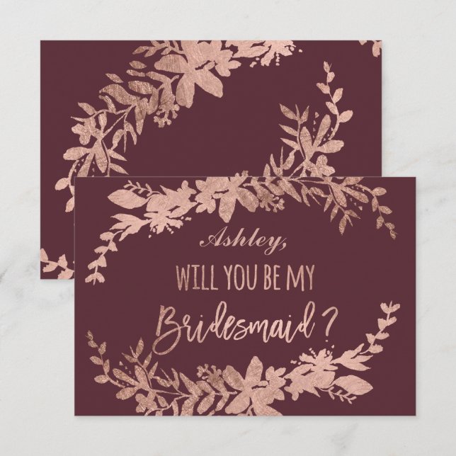 Rose Goldtypografie Blumenburgund Bridesmaid Einladung (Vorne/Hinten)