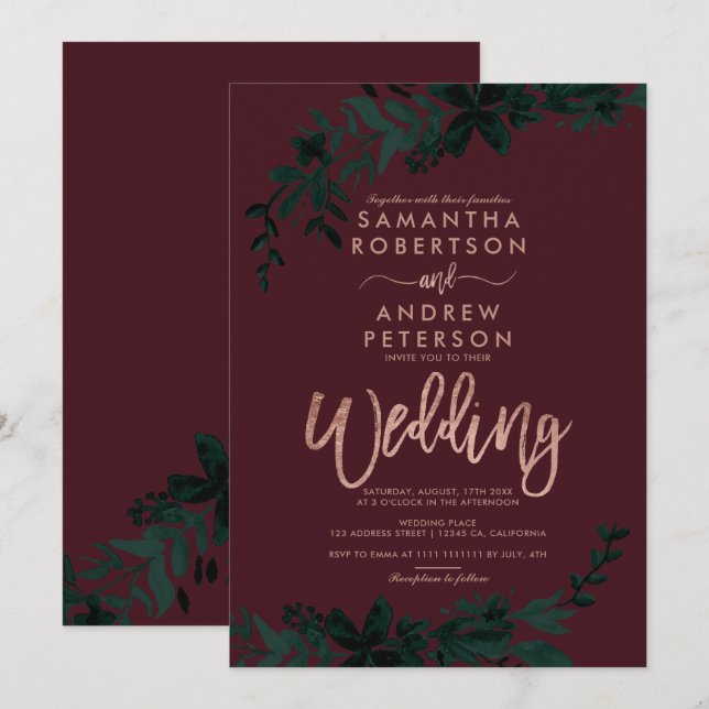 Rose Goldtypografie Blumenburgunde Einladung (Vorne/Hinten)