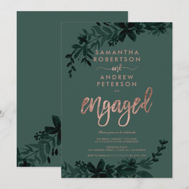 Rose Goldtypografie Blumengrün Einladung (Vorne/Hinten)