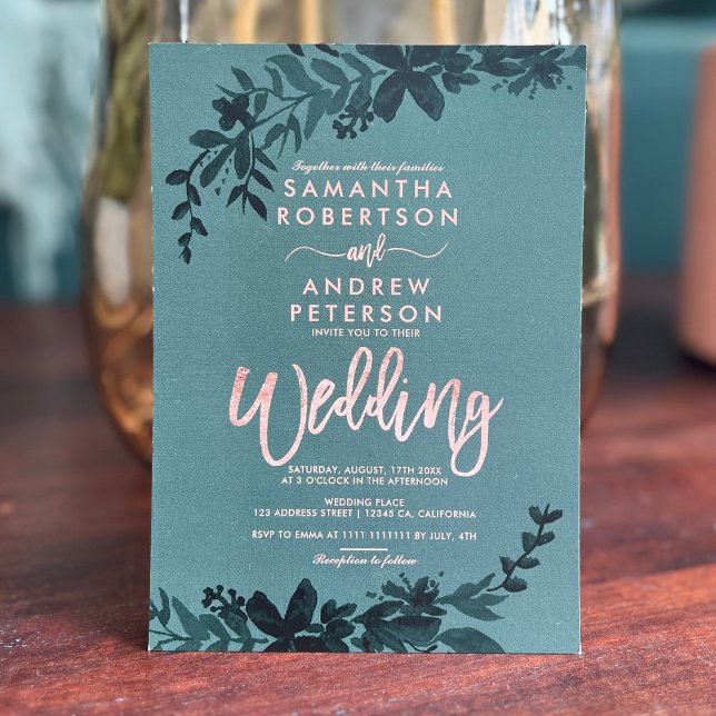 Rose Goldtypografie Blumengrün Einladung (Rose gold typography Floral green wedding Invitation)