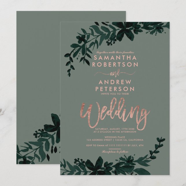 Rose Goldtypografie Blumengrün Hochzeit Einladung (Vorne/Hinten)