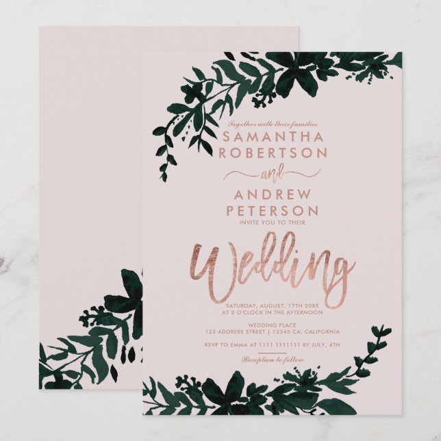 Rose Goldtypografie Blumenzwiebelzange Einladung (Vorne/Hinten)