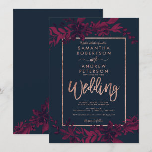 Rose Goldtypografie Floral Marine rote Hochzeit Einladung