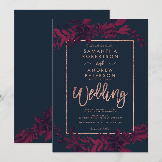 Rose Goldtypografie Flornavy Rote Hochzeit Einladung (Vorne/Hinten)
