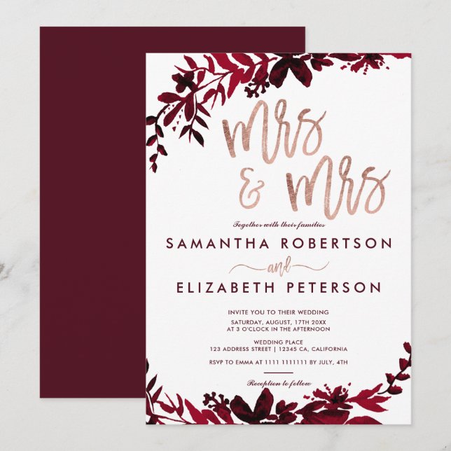 Rose Goldtypografie Florrote Lesbenhochzeit Einladung (Vorne/Hinten)