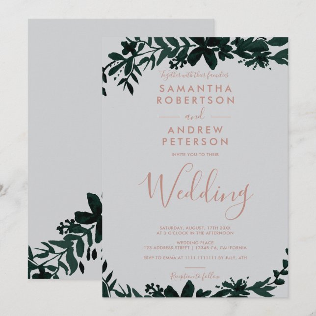 Rose Goldtypografie grün Blumengraue Hochzeit Einladung (Vorne/Hinten)