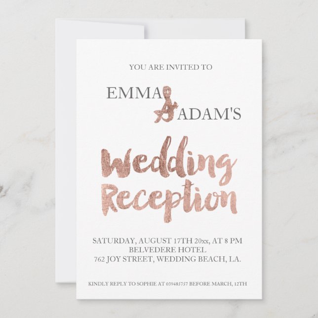 Rose Goldtypografie Hochzeitsempfang Imitate Folie Einladung (Vorderseite)