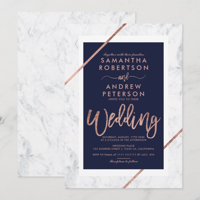 Rose Goldtypografie Marmor Hochzeit Einladung (Vorne/Hinten)