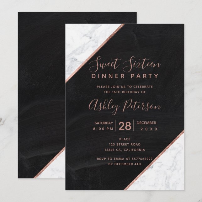 Rose Goldtypografie Marmorkalkboard Sweet 16 Einladung (Vorne/Hinten)