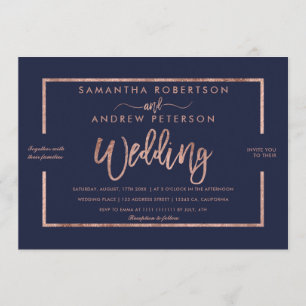 Rose Goldtypografie navy blaue schicke Hochzeit Einladung