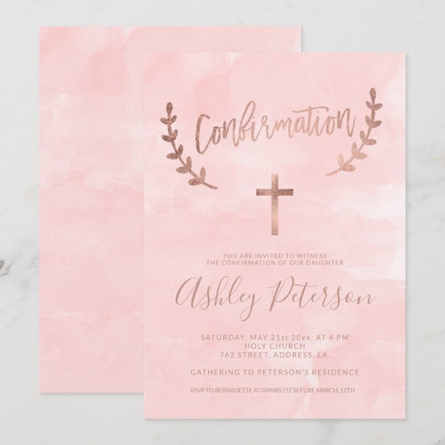 Rose Goldtypografie rosa Aquarellfarbenbestätigung Einladung (Vorne/Hinten)