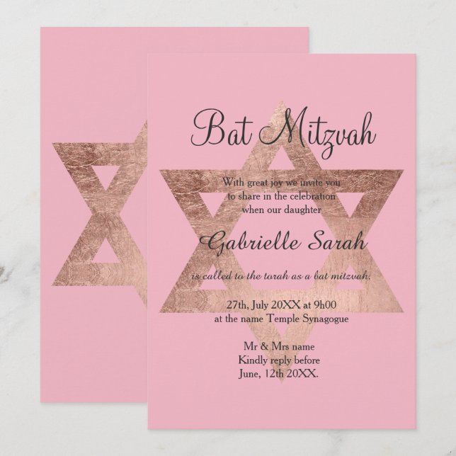 Rose Goldtypografie rosa Bat Mitzvah Einladung (Vorne/Hinten)