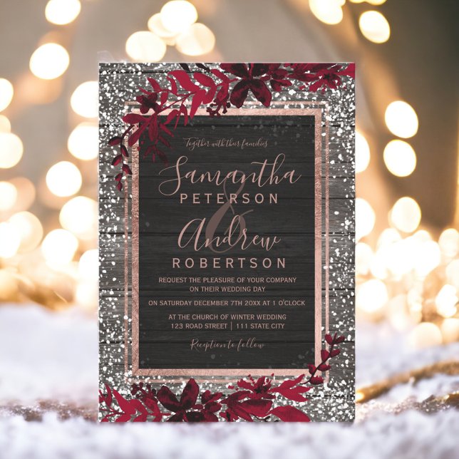 Rose Goldtypografie Rot-Blatt-Schnee-Hochzeit Einladung (Rose gold typography red leaf snow wood wedding invitation)