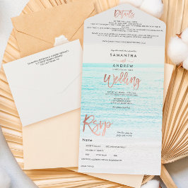 Rose Goldtypografie Strand Foto Hochzeit All In One Einladung