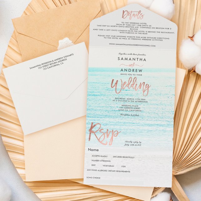Rose Goldtypografie Strand Foto Hochzeit All In One Einladung (Von Creator hochgeladen)