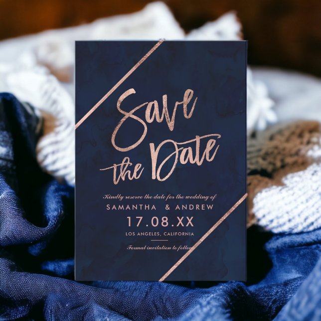 Rose Goldtypografie Streifen Marine Save the Date (Rose gold typography stripes navy save the date)