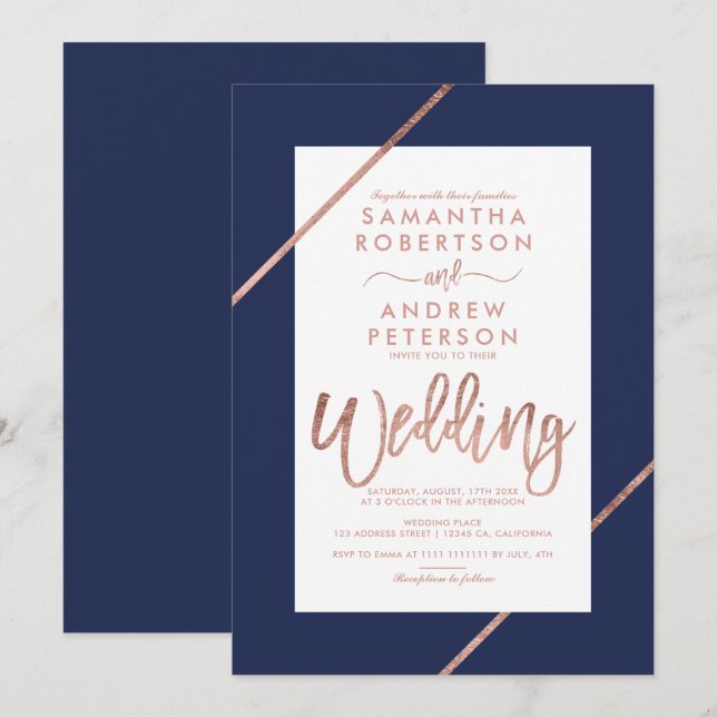 Rose Goldtypografie Streifen navy blauen Hochzeit Einladung (Vorne/Hinten)