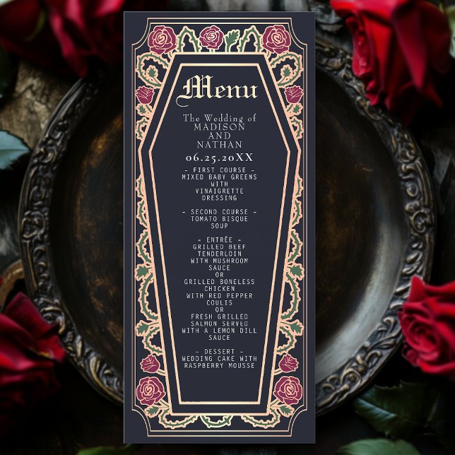 Rose Gothic Coffin Rose Blue Wedding Menu Menükarte (Von Creator hochgeladen)