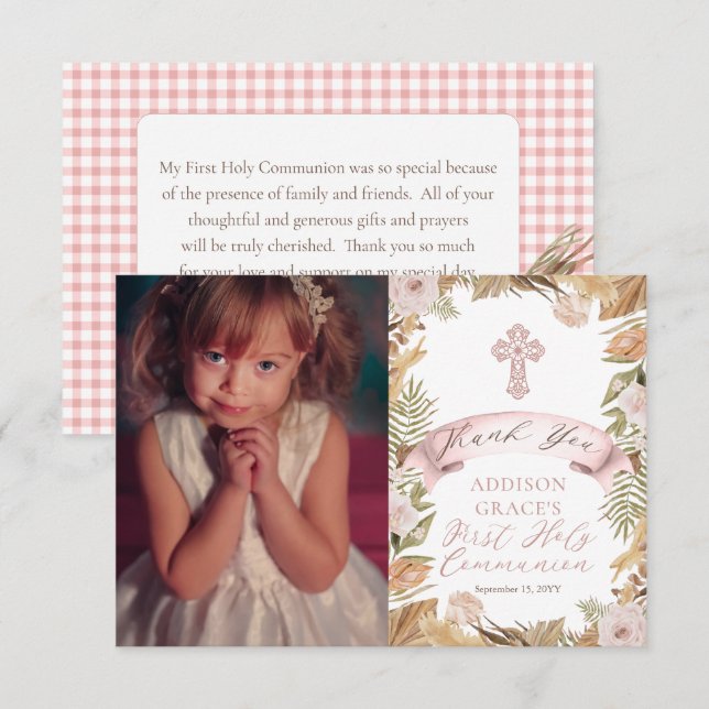 Rose | Grasses floral Girl First Heilige Kommune Dankeskarte (Vorne/Hinten)