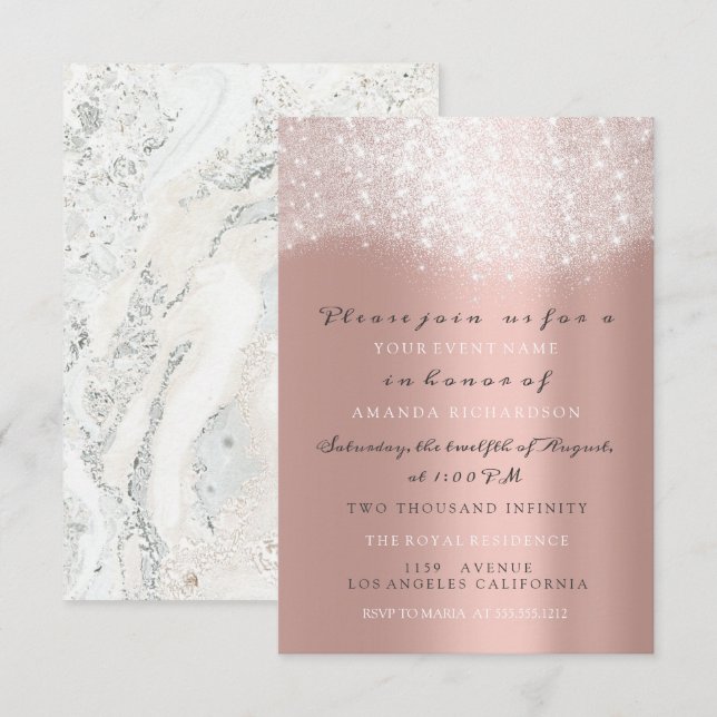 Rose Grau Glitzer Marble Confetti Elegantes VIP Einladung (Vorne/Hinten)