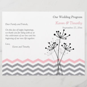 Rose, Gris Floral, Programme de mariage Chevron