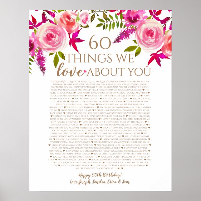 Rose Gründe, warum wir Ihnen 60 Dinge zum Geburtst Poster (Vorne)