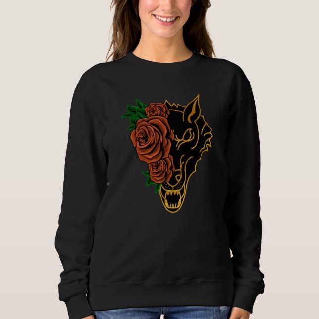 Rose Half Wolf Face Aesthetic Retro Nostalgia ON B Sweatshirt (Vorderseite)