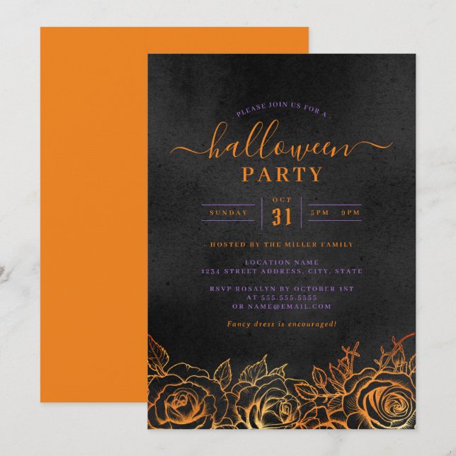Rose Halloween Orange Black Party Einladung (Vorne/Hinten)