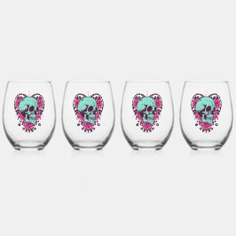 Rose Herz Skull Weinglas Ohne Stiel