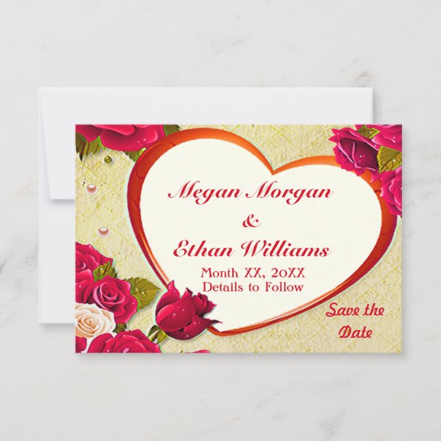 Rose & Herzrahmen Save the Date Kleine Flachkarte (Vorderseite)