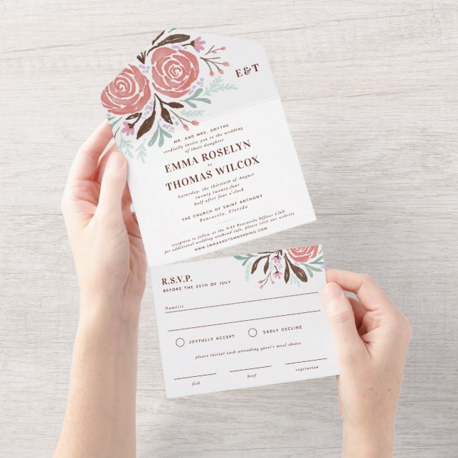 Rose Hochzeit in antiken Rosa All In One Einladung (Abreißen)
