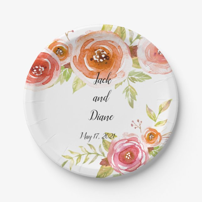 Rose Hochzeit mit Aquarellblumen Pappteller (Vorderseite)