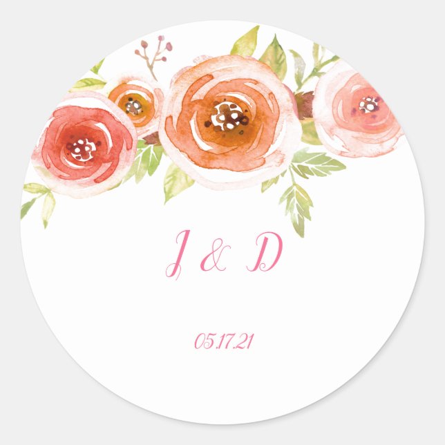 Rose Hochzeit mit Aquarellblumen Runder Aufkleber (Vorderseite)