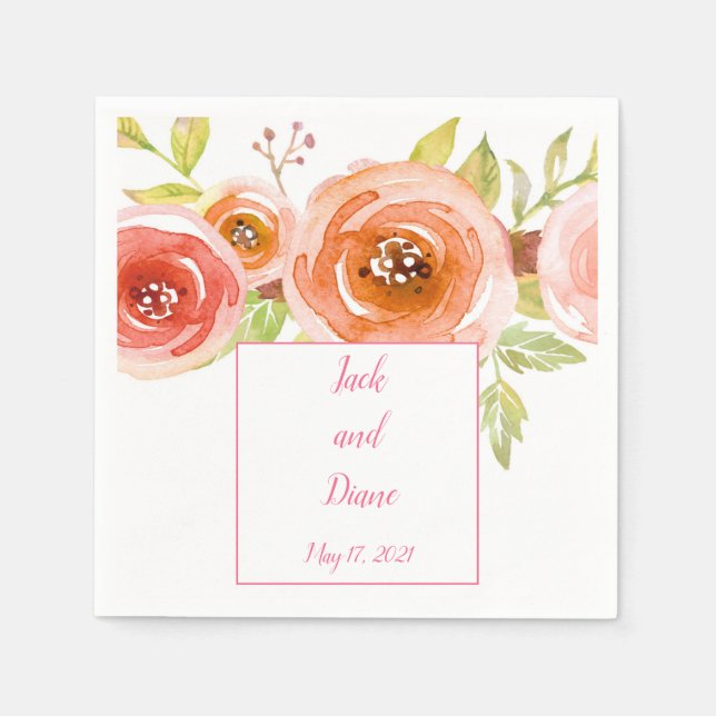 Rose Hochzeit mit Aquarellblumen Serviette (Vorderseite)