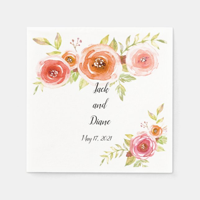 Rose Hochzeit mit Aquarellblumen Serviette (Vorderseite)