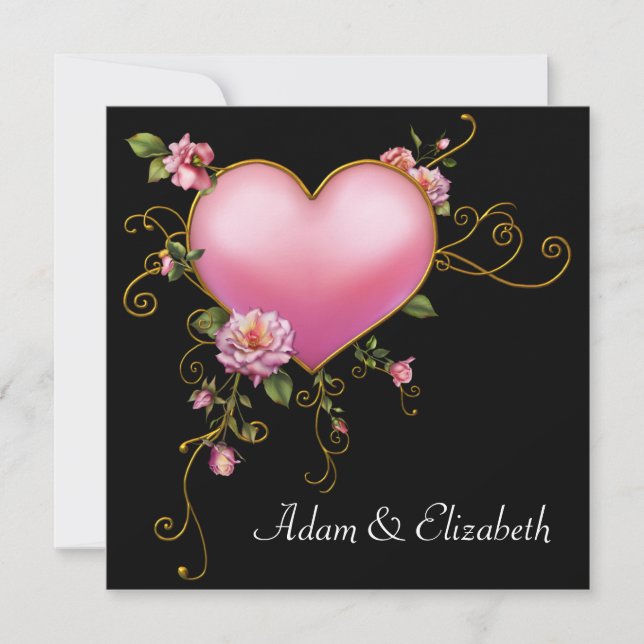 Rose Hochzeit Pink Heart Black Gothic Hochzeit Einladung (Vorderseite)