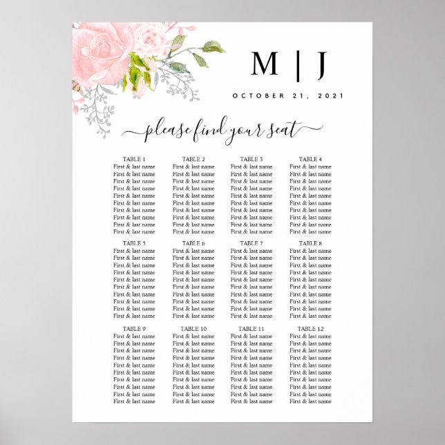 Rose Hochzeitsdiagramm mit Peony Blush Pink Poster (Vorne)