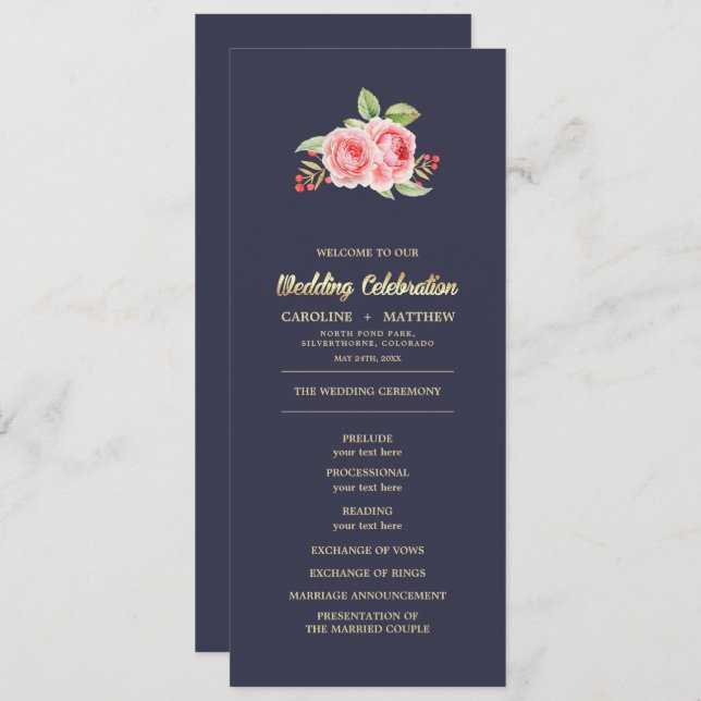 Rose | Hochzeitsprogramme für Navy Blue Programm (Vorne/Hinten)