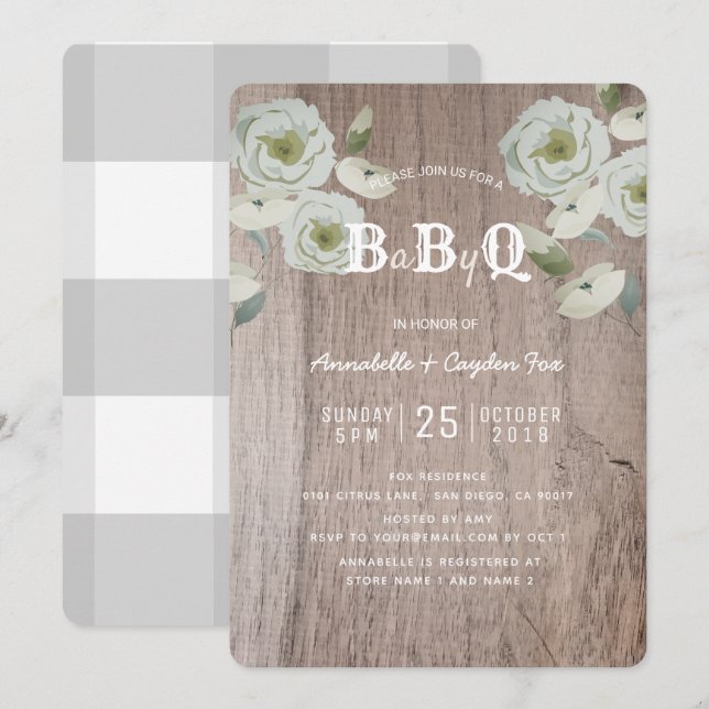 Rose & Holz BaByQ GRILLEN Kinderdusche Einladung (Vorne/Hinten)