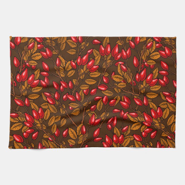Rose Hüften, braun und rot Geschirrtuch (Horizontal)