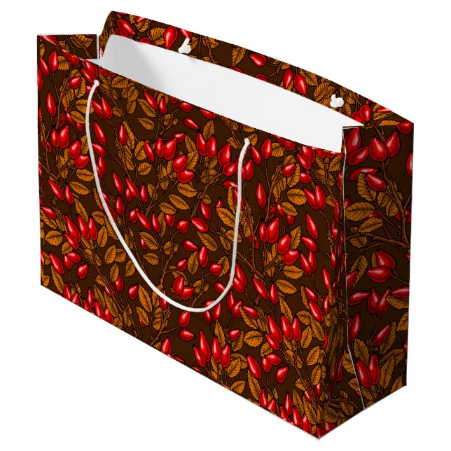 Rose Hüften, braun und rot Große Geschenktüte (Rückseite Schrägansicht)