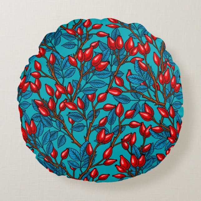Rose Hüften, rot und blau Rundes Kissen (Vorderseite)
