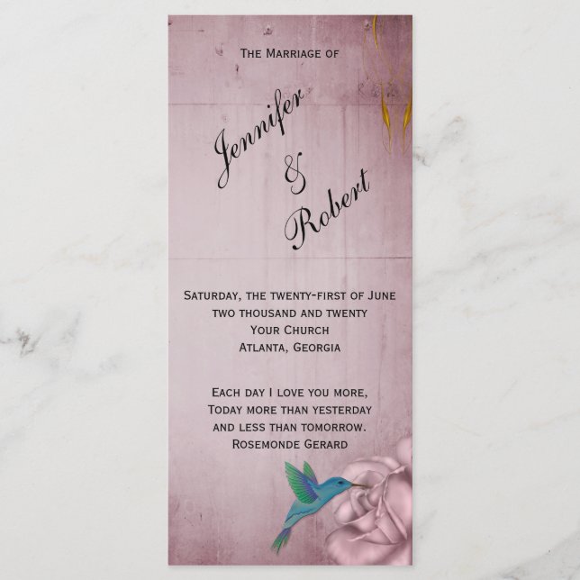 Rose Hummingbird Hochzeitsprogramm Programm (Vorderseite)