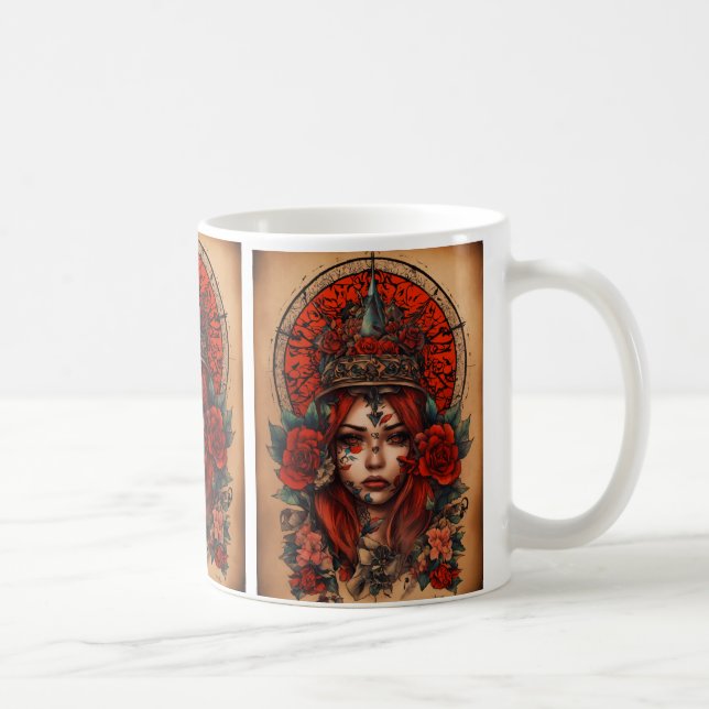 Rose im Tattoo-Stil Compass Kaffee Tasse Geschenk (Rechts)