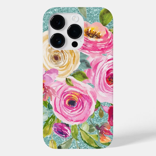Rose in Aqua-Tal Rosa Creme Glitzer Case-Mate iPhone 14 Pro Hülle (Rückseite)